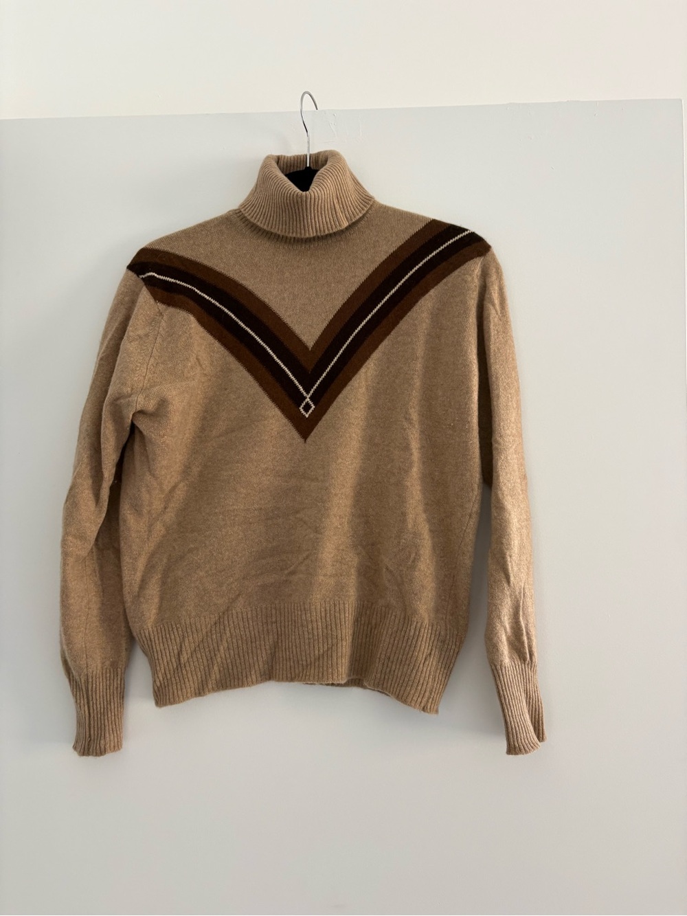 Pringle Cashmere Turtleneck Sweater with Brown Chevron Accents